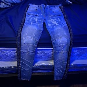 PREME 32/32 blue rhinestone sided jeans